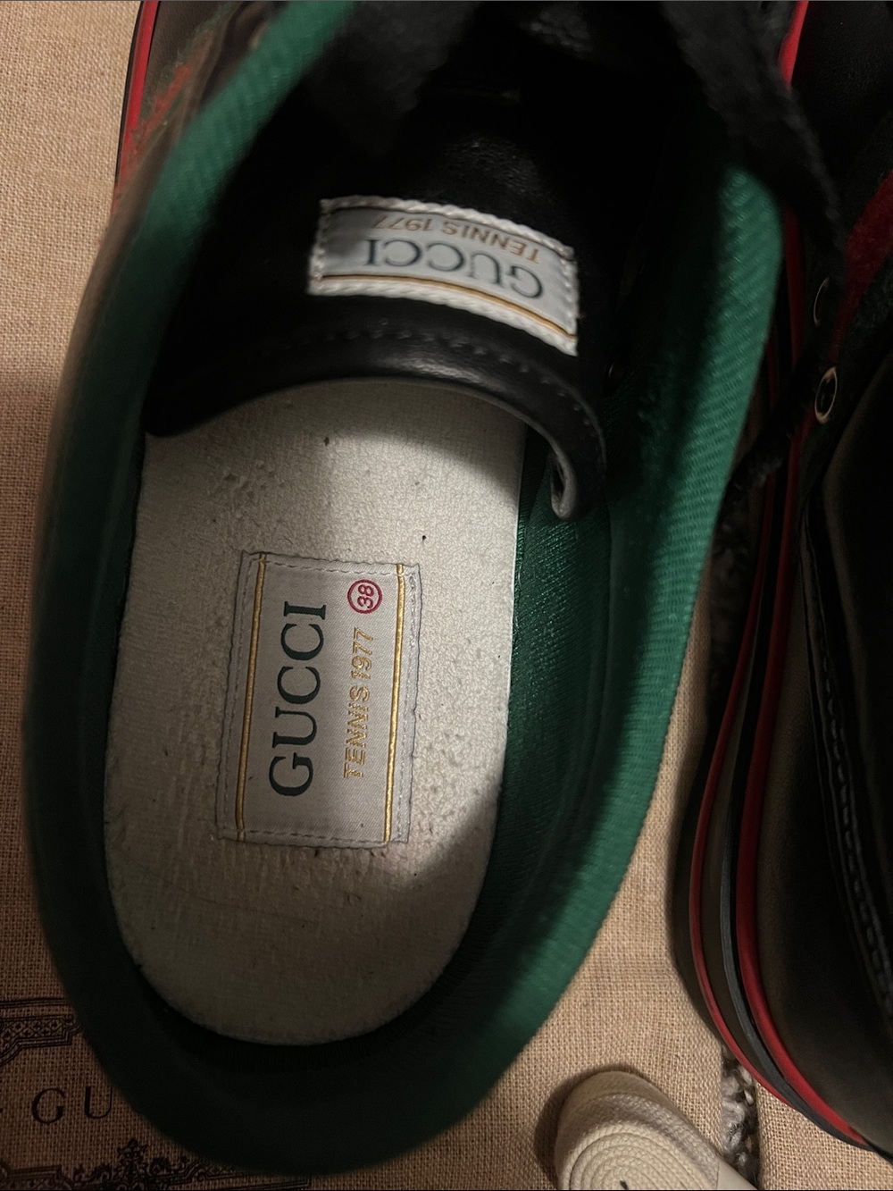 Gucci  Black Leather Sneakers with Red Trim & Green Stripe - Picture 6 of 7